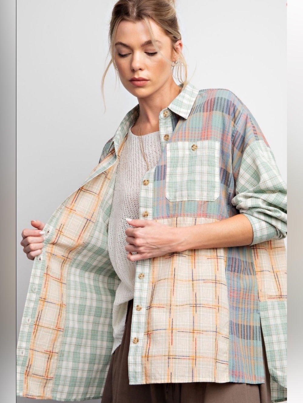 173 1X - 3X ❤️EASEL MIX N MATCH PLAID BUTTON DOWN SHIRT COLLARED NECKLINE
